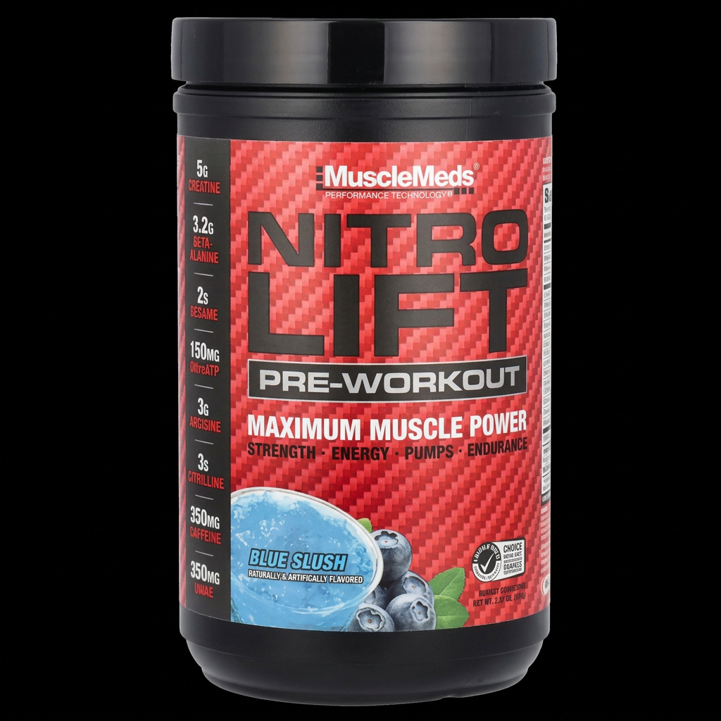 MuscleMeds Nitro Lift Pre-Workout Blue Slush - Fondo Negro