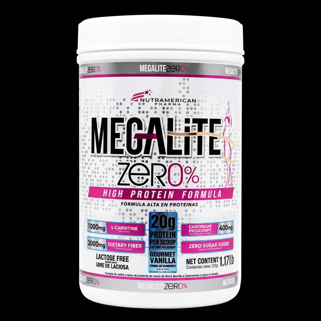 NutrAmerican Megalite Zero% High Protein Vanilla - Fondo Negro
