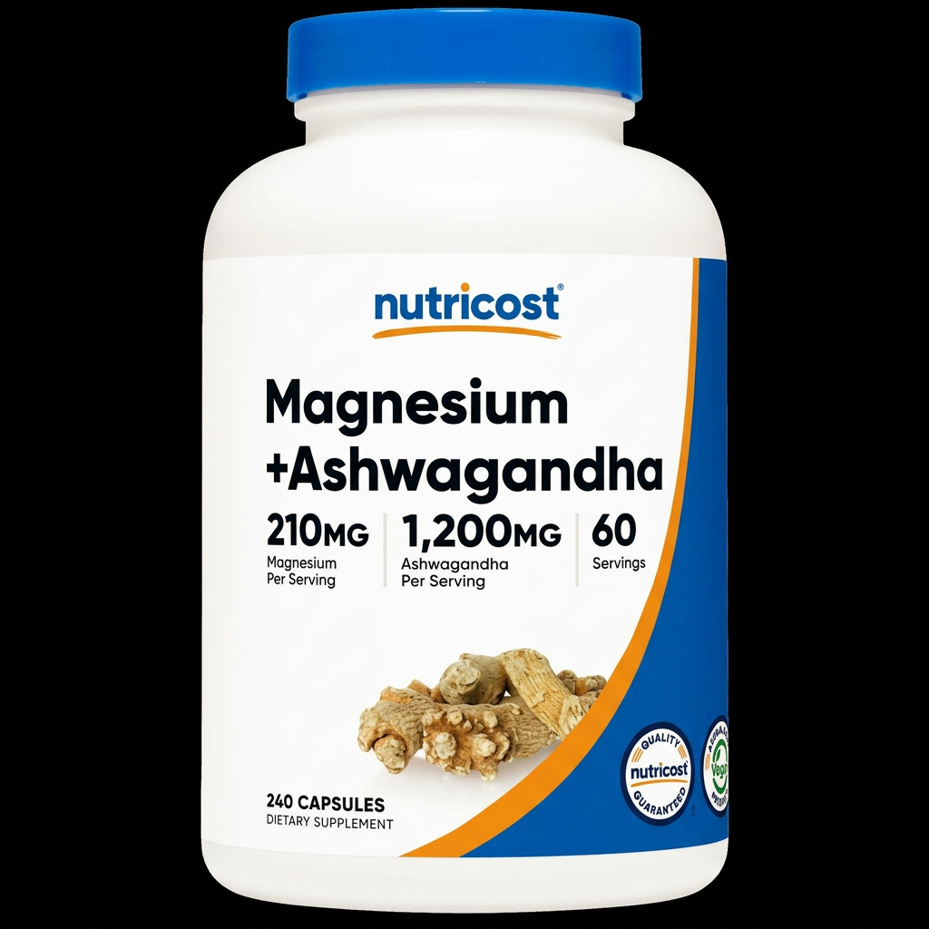 Nutricost Magnesium + Ashwagandha 210mg/1200mg 240 Cápsulas - Fondo Negro
